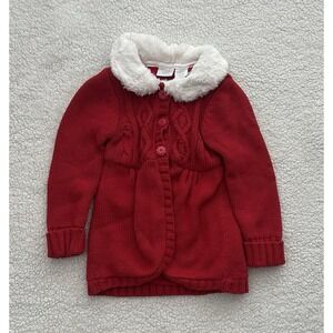 Girls Red Cable Knit Cardigan Sweater Jacket Faux Fur Collar Size 5/5T Buttons